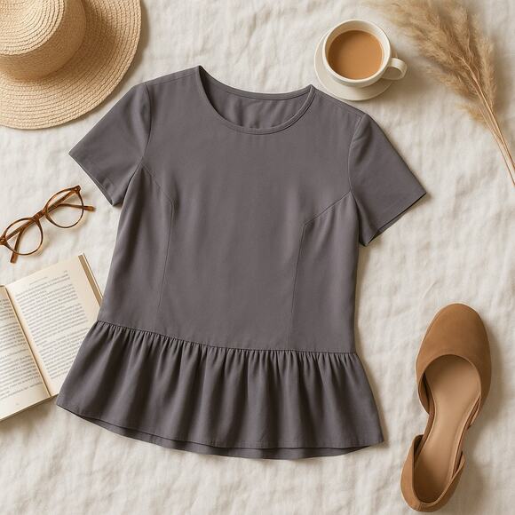 Amanda Uprichard 100% Silk Ruffle Peplum Hem Top Taupe Brown Womens Small - Picture 1 of 7